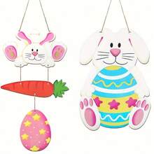 2pcs Easter Decoration Wood Door Wall Signs With Ropes , Bunny Rabbit Egg Carrot Sign Ornaments Hanging Crafts For Home Farmhouse Yard Easter Party Front Door Indoor Outdoor Party Supply Decoration (White Pink) - Multicolor - View 3