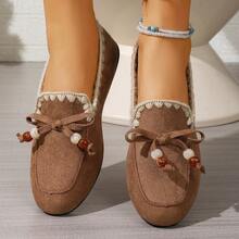 Women's Solid Color Casual Slip-On Comfortable Lightweight Flats, Versatile For Commuting, Cute Bow Mary Jane Shoes - Brown - View 3