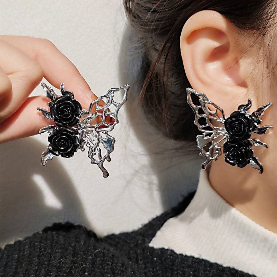Edgy Sweet Punk Hollow Black Liquid, Butterfly Design Zirconia Embellished New Earrings - Butterfly - View 1