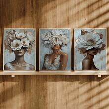 3件套现代墙面艺术海报，美丽女子与鲜花帆布墙面艺术画海报和印刷品，女性墙面艺术画，时尚艺术，非洲女性肖像，金色和灰色，轻奢华，带框或不带框，房间装饰，家居装饰，大学宿舍公寓装饰，酒店、家庭、客厅、卧室、浴室和办公室墙面装饰礼品 - 彩色 - 查看 4