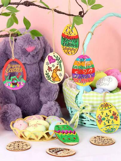 24pcs-Easter Wooden Hanging Decorations Unfinished Wooden Egg Blanks Easter Crafts DIY Easter Decorations Party Supplies Decorations, Easter Egg Wooden Hanging Ornaments, Handicraft Easter Party Decor Items Unfinished Wooden Egg Blanks Easter Coloring Crafts Decorations