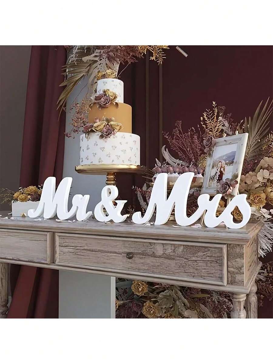 3Pcs White Wooden Mr & Mrs Wedding Signs Gift For Party Table Top Dinner Decoration, Display Stand Figures, Home Wall, Wedding Decorations - White - View 1