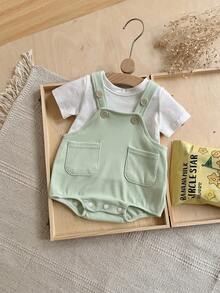 Set de 2 piezas: Camiseta blanca casual + body con tirantes verdes para bebé niña, primavera/otoño - verde menta - Ver 3
