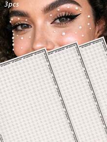 3件组合装，3毫米自粘半圆形闪亮白色珍珠颗粒脸部和眼部装饰水晶钻石贴纸，DIY，嘉年华，情人节，万圣节，圣诞节礼物，母亲节，派对，音乐节，面部毛发和指甲装饰，水钻贴纸 - 白色 - 查看 9