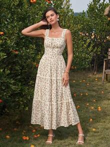 PARTHEA 夏季休闲碎花无袖连衣裙 - 杏色 - 查看 6