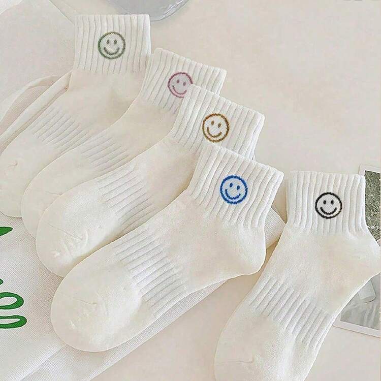 5 pares de calcetines elásticos hasta la pantorrilla de unicolor con cara sonriente para niños - Blanco - Añade 7