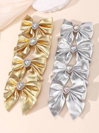 4pcs/8pcs Girls Gold & Silver Glitter Heart & Bow Hair Clips Set, Suitable For Daily Decoration