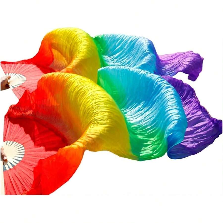 1 Pair(Left+Right) Belly Dance Fan Artificial Silk Fans,Colorful Dancing Fabric Fans,Long Folding Belly Dance Fans Dancing,Length 180cm Width 90cm - 豐富多彩的 - 查看 1
