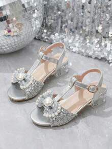 1 Pair Girls' Dreamy Crystal Chunky Heel Sandals, Round Toe Open Toe, Silver Glitter Princess Style High Heels With Bow & Rhinestone, Suitable For Parties, Gatherings, Performances - Silver - View 3