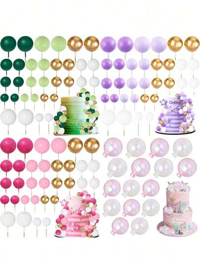 32pcs/16pcs Colorful Sphere Cake Decorations, Mini Balloon Cake Toppers, Foam Ball Cake Picks, DIY Sphere Cupcake Inserts, Transparent Bubble Mermaid Princess Cake Decorations, Suitable For Baking, Weddings, Baby Showers, Birthdays (Green, Purple, Rose, Pink)