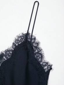 HZXVIC 女士新款纯色性感优雅蕾丝拼接缎面连衣裙 - 藏蓝色 - 查看 9