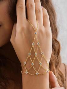 1 pieza Nuevo brazalete de cadena de dedo de malla para novia, accesorio de brazalete de lujo con rhinestones - Diamantes de imitación - Ver 1