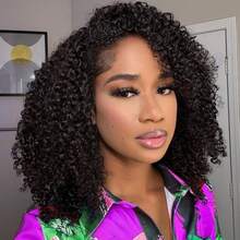 Half Wig Human Hair 3 In 1 Seamless Flip Over Half Wigs Drawstring Curly Half Wigs For Women Human Hair Glueless 180% Density Wear And Go Half Up Half Down Headband Wig Human Hair - Natural Black - View 2