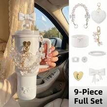 9件套粉色蝴蝶结水杯配件套装，适用于40盎司/30盎司保温杯 - 包括仿珍珠手柄链、硅胶套、吸管套、心形吊坠和防漏塞，水瓶装饰饰品，可爱学院风，送给女性和女孩的礼物 - 彩色 - 查看 12