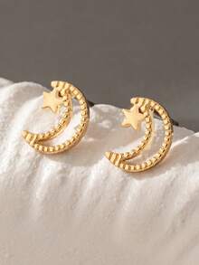 1 paire de boucles d'oreilles lune et étoile en cuivre, boucles d'oreilles lune minimalistes, boucles d'oreilles croissant de lune du Moyen-Orient, accessoires pour femmes - Doré - Voir 2