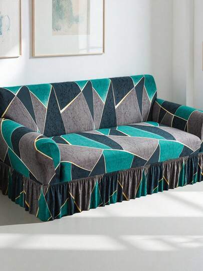 1pc Printed Elastic Ruffled Sofa Cover, Modern Nordic Style Polyester Dust-Proof Anti-Slip Thickened Sofa Slipcover, Fits 1/2/3/4 Seater Sofa, Home Decor