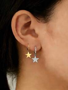 1pc Fashionable, Exquisite, Cute, Minimalist, Unique Stainless Steel Pentagram & Hoop Earrings, Suitable For Women's Outfits In Spring, Summer, Autumn, Winter, For Work, Study, Dating, Travel, Concerts, Parties, And Various Holidays - Gold - Five-pointed Star - View 3