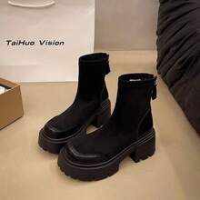 2025 Otoño Invierno Nuevas Botas Delgadas de Tacón Grueso que Aumentan la Altura Estilo Retro Británico Botas - Soltero negro - Ver 8