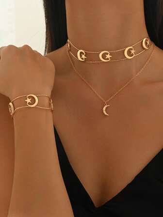 1件新款创意极简星月时尚百搭多层个性化夸张锁骨项链，适合中东节日佩戴