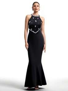 Black Mermaid Gown With Rhinestone Backless Design, Luxurious And Sexy, Perfect For Formal Occasions - Black - View 3