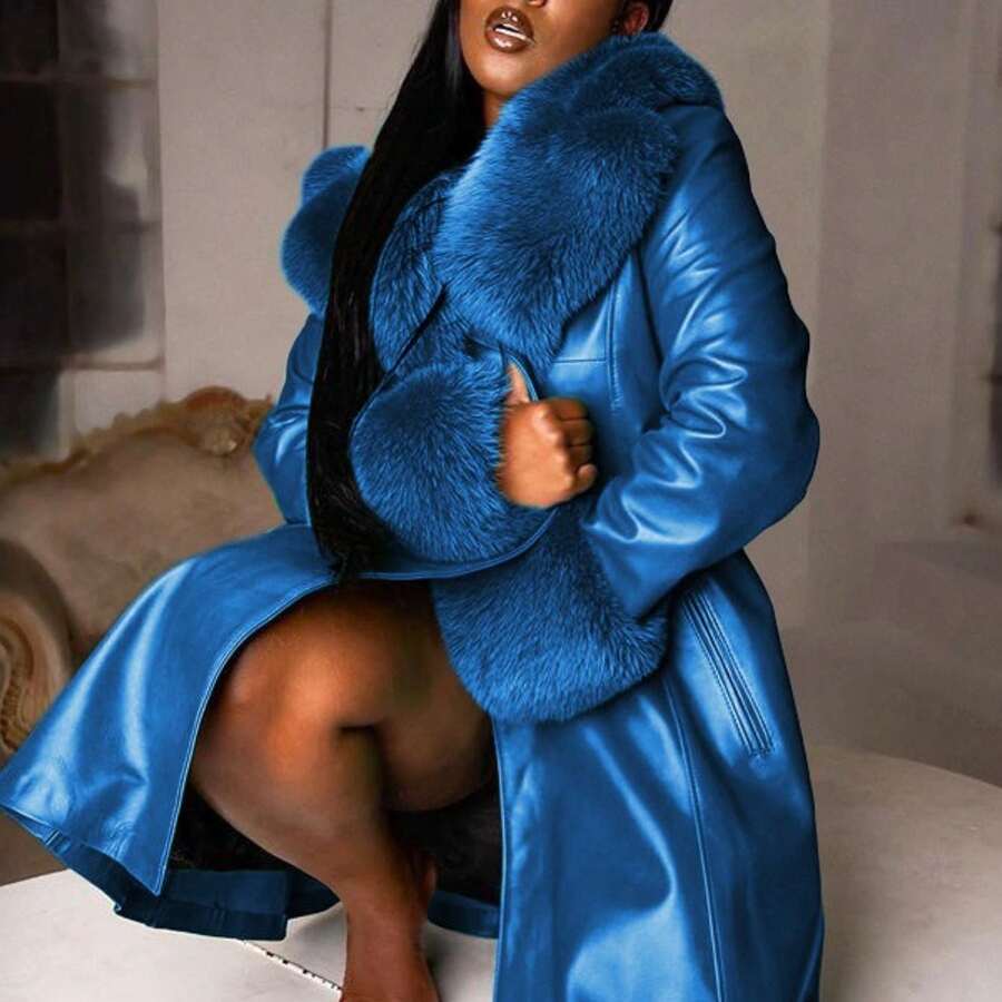 Plus Size, Plus Size Women's Clothing 2025 European And American Autumn And Winter Long Coat With Lapel And Collar, PU Jacket With Zipper For - 藍色 - 查看 1