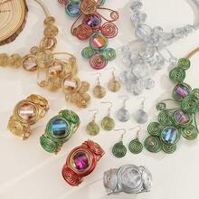 一套手工夸张多层铝丝编织树脂链波西米亚风欧式中东韩式晚宴派对假日女士人造水晶项链耳环手链 - 綠色 - 查看 2