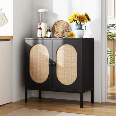 Hodeffior Sideboard Buffet Cabinet, Wooden Storage Cabinet With Natural Rattan Doors, Double-Layer Boho Accent Sideboard With Solid Metal Feet, Ideal For Hallway, Living Room, Dining Room, Kicthen, Black, 83x80x40cm