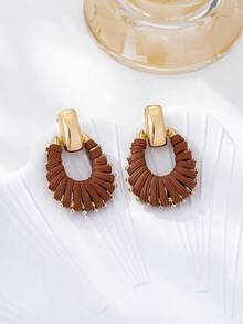 1 Pair Vintage Handmade Braided Leather Rope Wrapped Earrings, Elegant Jewelry Design For Women, Suitable For Daily Wear, Vacation, Festivals, Dates, Parties And Other Occasions - Coffee - View 3