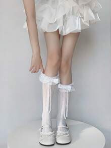 1双日系洛丽塔蕾丝边过膝袜，女士薄款腿套，蝴蝶结蕾丝镂空爱心腿套，优雅哥特洛丽塔图案袜子，适合时尚日常穿着