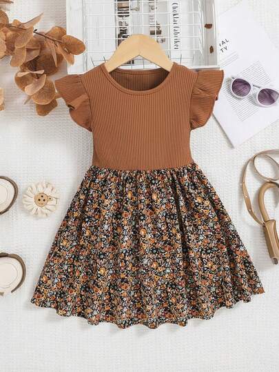 Girls' Vintage Floral Patchwork Dress, Ribbed Knit Top With Ruffle Sleeves, Cinched Waist And Flared Skirt, Sweet Casual/Party Dress For Spring/Autumn, Easy To Wear