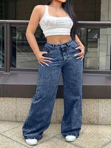 Plus Size Women's Spring/Summer Fashion Casual Jeans, Versatile For Festivals, Vacation, Daily Wear, Dating, Singles Party, Travel, Tea Party, Airport , Relaxed Wide Leg Comfortable Denim Pants - Dark Wash - View 7