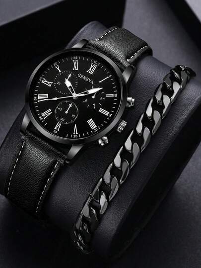 2pcs/Set Minimalist Casual Men's Quartz Watch, All-Black Design (Includes 1 Leather Strap Quartz Watch And 1 Black Chain Strap). Featuring An All-Black Design, Multi-Function Chronograph Dial, Comfortable Leather Strap, And Simple Yet Fashionable Chain Strap.