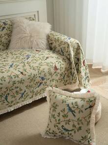 一件装复古农舍风格沙发套，绿叶黄鸟提花设计，厚实耐用，防宠物抓挠，适用于沙发保护、节日、家庭聚会、客厅、派对、卧室、办公室等场合，适配多种沙发类型，四季皆宜 - 綠色 - 查看 9
