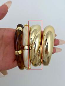 4pcs/Set Vintage Minimalist Elegant Resin Acrylic Brown Elastic Bracelet & Bangle Set, Gold Stripe Smooth Open Cuff, Suitable For Women Daily, Party, Valentine's Day, Dating, Holiday Gift, Stackable, 2026 New Arrival - Gold - View 6