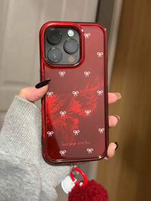 Bow-Knot New Year's INS Burgundy Minimalist Bow Compatible With IPhone 17 Pro Max, 16 Pro, 15, 14 Pro Phone Case With Furball Pendant, Double-Layer Anti-Drop Phone Cover - Red - View 1