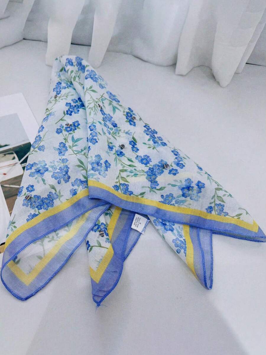 1件印花亚麻方巾，时尚领巾、头巾、围巾，女士适用，春秋季 - 彩色 - 查看 1