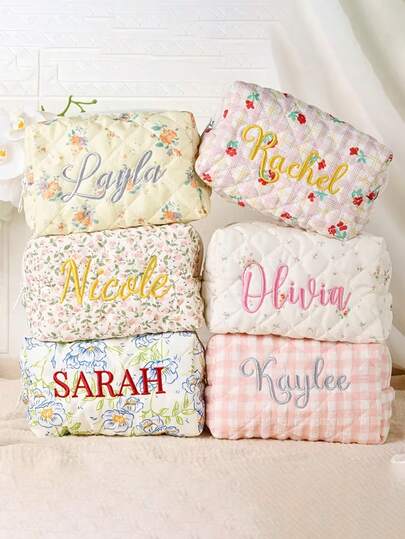 Personalized Embroidered Cosmetic Bag, Letter Combination Toiletry Bag, Floral Cosmetic Bag, Bridesmaid Makeup Bag, Bridesmaid Gift, Travel Makeup Bag