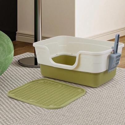 High Sided Pet Litter Tray Green/Grey 55*37*25cm, Low-Entry Semi Enclosed Kitten Toilet Design, With Litter Mat And Scoop Easy To Use Cat Sandbox, Essential For Household Living Room
