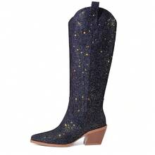 GOTHICTOR Sparkly Cowboy Knee High Boots For Women Pointed Toe Shiny Glitter Chunky Heel Side Zipper Western Cowgirl Dress Boots For Wedding Party - 寶藍色 - 查看 7