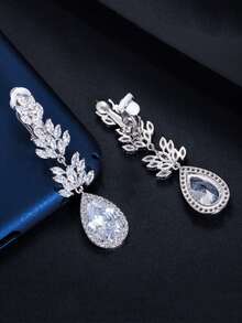 1 Pair Clip On Bridal Long Drop Non Pierced Earrings Silver Plated Cubic Zirconia Wedding Jewelry For Women Brides Bridesmaids Engagement Pageant Party - White - View 9