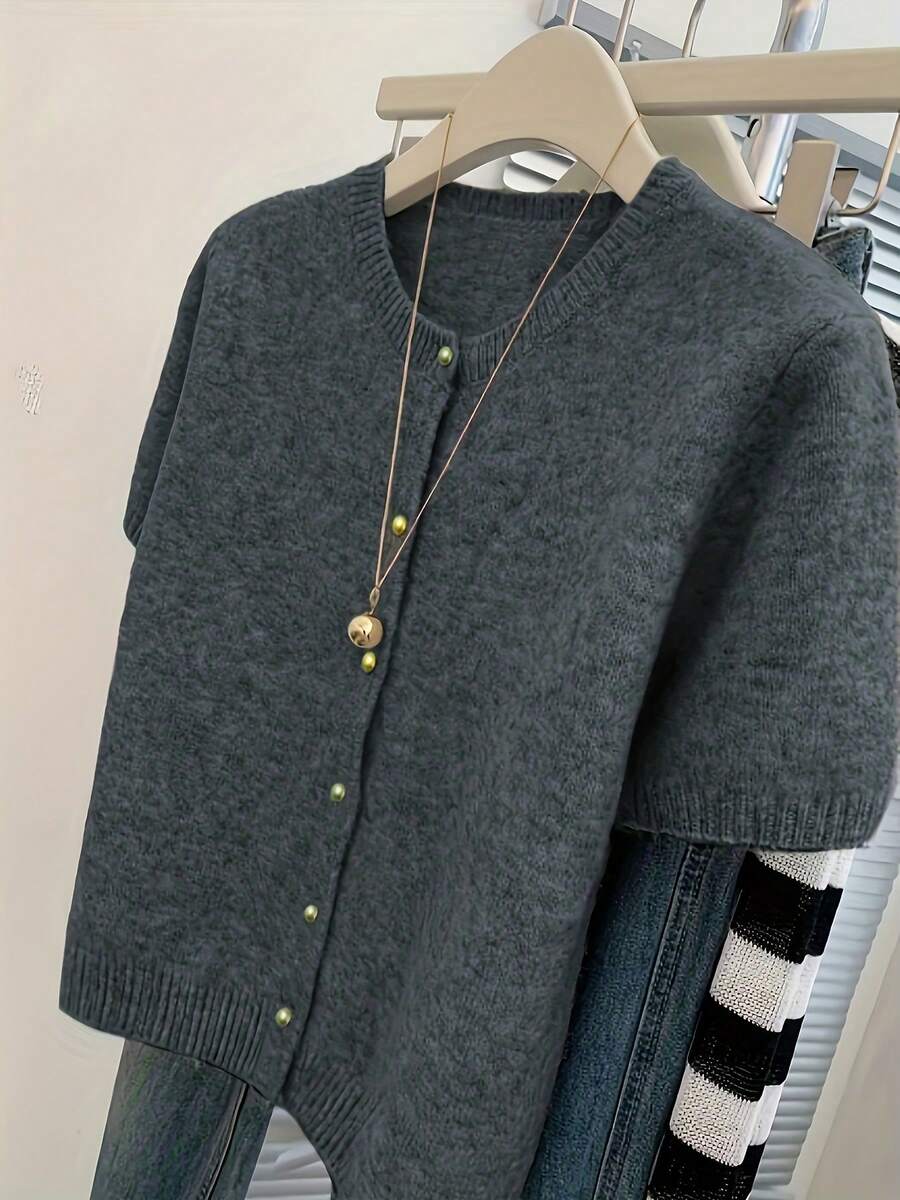 Women's Solid Color Short Sleeve Button Front Knit Cardigan, Everyday Wear For All Seasons