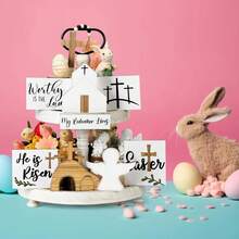 9件套复活节多层托盘装饰套装，含“他已复活”十字架复活节木质标牌、复活节餐桌装饰、复活节十字架多层托盘、复活节木质标牌，适用于复活节派对装饰 - 彩色 - 查看 2