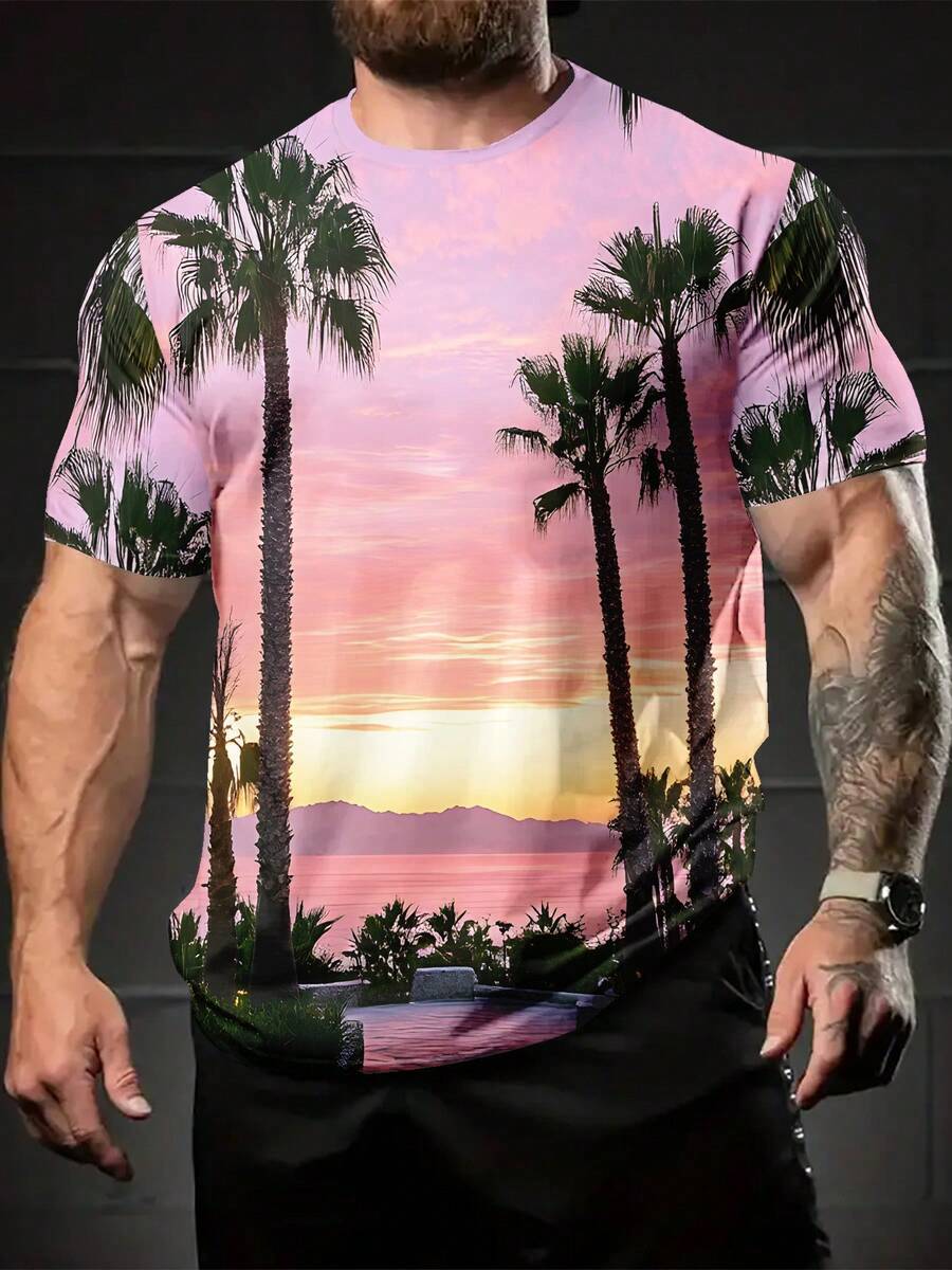 Men's Tropical Sunset Palm Tree Print 3D Digital Graphic T-Shirt - Pink & Purple Gradient Full-Body Design, Breathable Crew Neck Short Sleeve, Regular Fit Casual & Sportswear, Machine Washable, Summer Apparel, Comfortable Wear, PLUS SIZE - 混合色 - 查看 1