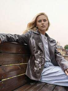 Chaqueta de motociclista de cuero de PU vintage para mujer (bordada) - Opción perfecta para uso casual en primavera y otoño, elegante y de moda - Café integral - Ver 4