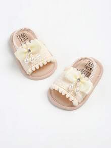 1pair Girls' Bow Knot Canvas Shoes With Buckle Strap Design Flat Cute Sandals For Summer Infant Girls Sandals Summer Shoes - Beige - View 8