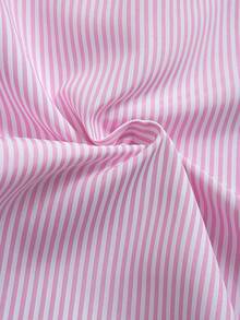 男士休闲条纹 Polo 领撞色短袖衬衫和短裤两件套，时尚百搭 - 粉色 - 查看 6