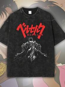 Anime Tee, Oversized Washed Streetwear T-Shirt, Retro Manga Guts Top, Anime Cotton Shirt, Me - màu đen - Xem 1