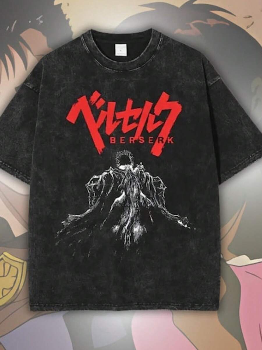 Anime Tee, Oversized Washed Streetwear T-Shirt, Retro Manga Guts Top, Anime Cotton Shirt, Me - màu đen - Xem 1