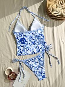 2pcs/Set Floral Print Patchwork Bohemian Tie-Front Bikini Top And Triangle Bottoms Vacation Beach Summer - Multicolor - View 3