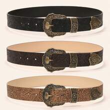 1PCS Fashion Retro Print Pattern Texture Niche Pin Buckle Wide Belt For Women Simple Artistic Versatile Belt - 黑色 - 查看 1